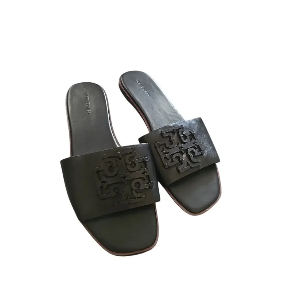 Tory Burch Women's Black Leather Medallion Ines Slides Flats Shoes sz 10 new